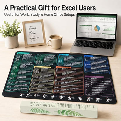 Excel Cheat Sheet Desk Pad, Large Mouse Pad with Shortcuts & Formulas for Windows PC, Non-Slip Stitched Office Keyboard Mat, Carbon Black, 35.5 x 15.8 in,3mm Thick