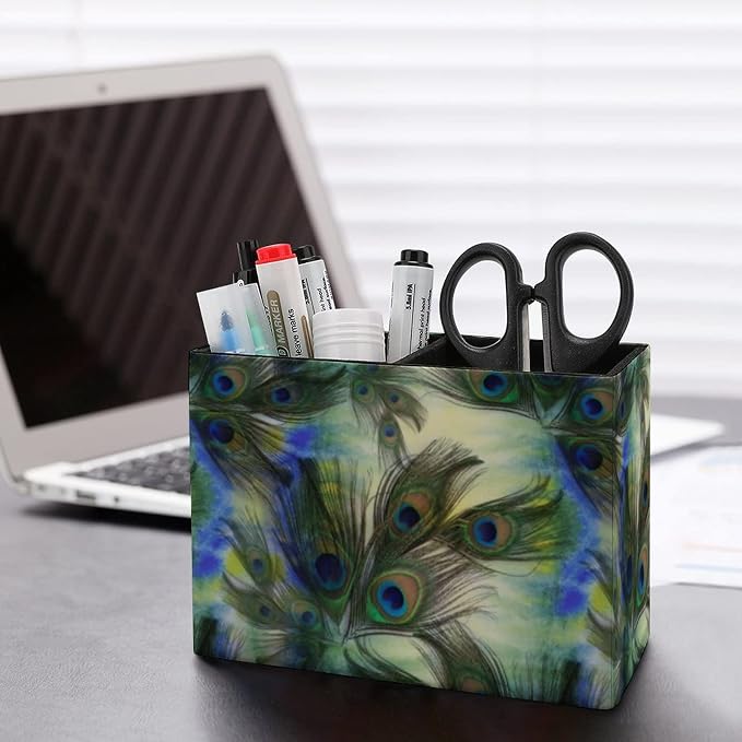 Niapessel Pencil Holder for Desk, Peacock Feathers Pen Holder Storage Desktop Pen Organizer Desk Pencil Organizer Makeup Brush Holder for Office School College Leather