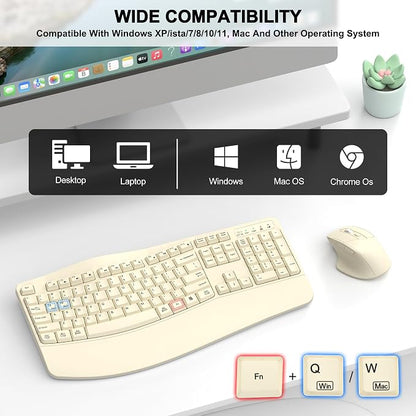 Wireless Keyboard and Mouse Combo, Ergonomic Wave Keys (Latte) | 2.4G Full Size Wave Keyboard with Wrist Rest, 3-Level DPI Adjustable Ergonomic Mouse for Windows and Mac OS Desktop/Laptop/PC