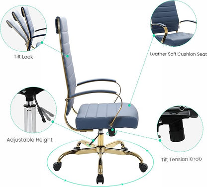 LeisureMod Modern High-Back Leather Office Chair - Swivel & Adjustable Executive Desk Chair with Gold Frame, Ergonomic Design for Home & Office (BOTG19BUL, Single)