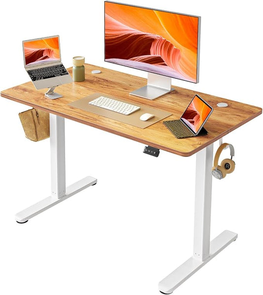 FAMISKY Height Adjustable Standing Desk, 40 x 24 Inch Electric Stand up Home Office Table, Sit Stand Desk Computer Workstation with Splice Board, White Frame & Light Rustic Brown Desktop