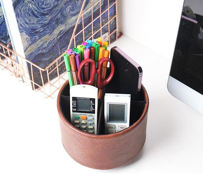 Round Leather Art Supply Organizer,Remote Control Holder,360 Degree Spinning,Multi-Functional Pencil Holder,4 Compartments Desktop Stationary Organizer(1-Crazy Red)