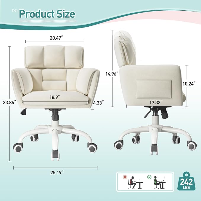 DurayLoly Vanity Chair with Wheels & Soft Velvet Fabric, Desk Chair Comfy with Back, Upholstered Home Office Chair with Side Pockets for Bedroom, Office, Make-up Room, Height Adjustable, Beige
