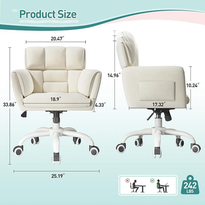 DurayLoly Vanity Chair with Wheels & Soft Velvet Fabric, Desk Chair Comfy with Back, Upholstered Home Office Chair with Side Pockets for Bedroom, Office, Make-up Room, Height Adjustable, Beige