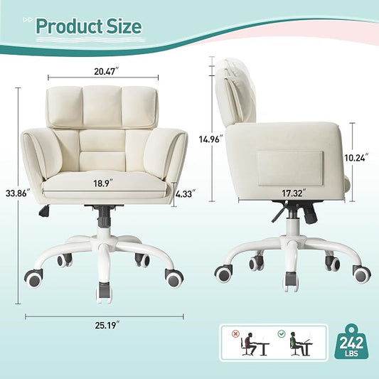 DurayLoly Vanity Chair with Wheels & Soft Velvet Fabric, Desk Chair Comfy with Back, Upholstered Home Office Chair with Side Pockets for Bedroom, Office, Make-up Room, Height Adjustable, Beige