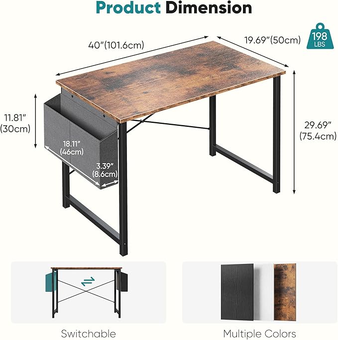 OLIXIS Small Computer Desk, 40 Inch Home Office Desks, Gaming Writing Study Craft Work Table, Modern Computer Workstation for Bedroom Small Spaces with Storage Bag, Rustic Brown