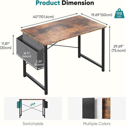 OLIXIS Small Computer Desk, 40 Inch Home Office Desks, Gaming Writing Study Craft Work Table, Modern Computer Workstation for Bedroom Small Spaces with Storage Bag, Rustic Brown