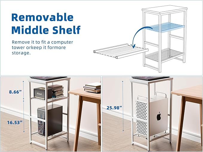 Desk Organizers and Accessories, Wood Printer Stand with 2 Metal Mesh Storage Shelf, Fits A4/Letter Size, Desk File Organizer for Home Office Fax Machine Scanner, Matte White