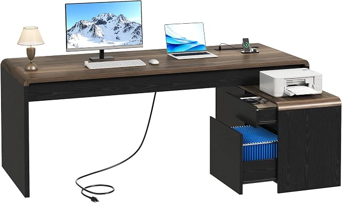 Mid-Century Modern 78" L-Shaped Executive Desk with Independent Mobile File Cabinet, Large Home Office Desk with Drawers and 4 AC + 2 USB Power Outlets, Waterfall Edge Design, Black