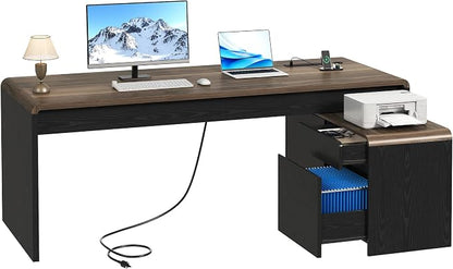 Mid-Century Modern 78" L-Shaped Executive Desk with Independent Mobile File Cabinet, Large Home Office Desk with Drawers and 4 AC + 2 USB Power Outlets, Waterfall Edge Design, Black