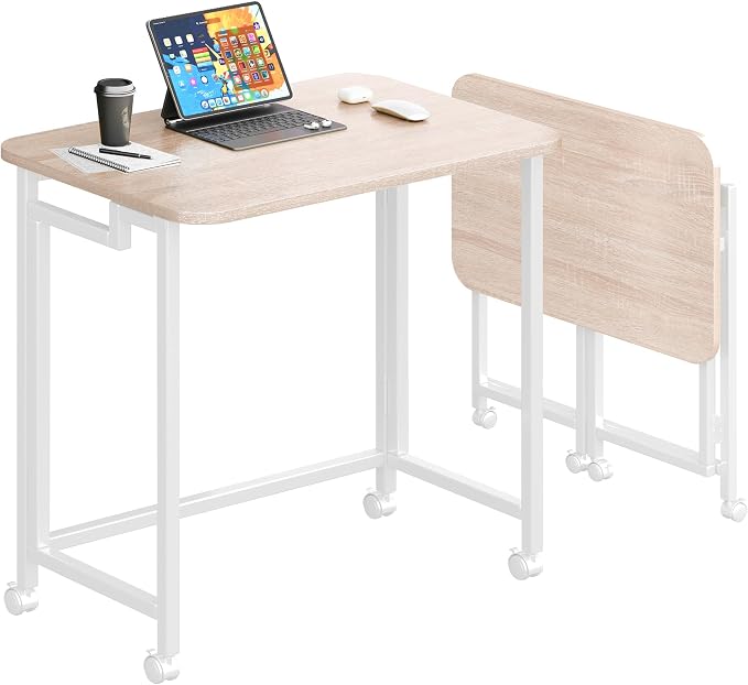 JSB Folding Desk for Small Spaces,Mobile Portable Rolling Laptop PC Table on Wheels,Foldable Computer Desk for Home Office,Bedroom,Dorm,Space Saving (Natural & White, 27.6")