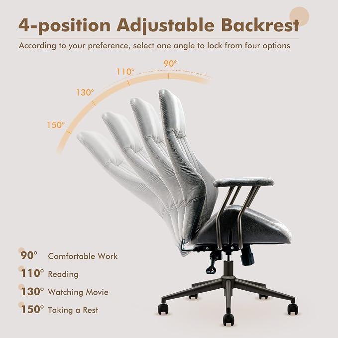 High Back Home Office Chair,Mid Century Modren Ergonomic Executive Chair,Lumbar Support Swivel Task Chair with Wheels,Computer Desk Chair Suede Fabric,350LBS (Gray)