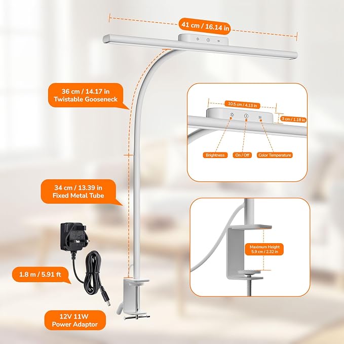 Lepro Led Desk Lamp for Home Office, Metal Architect Lamp with Clamp, 11W 750LM Eye-Caring Task Light, 25 Lighting Modes, Flexible Gooseneck for Monitor, Workbench, Drafting, Crafts, Reading, White