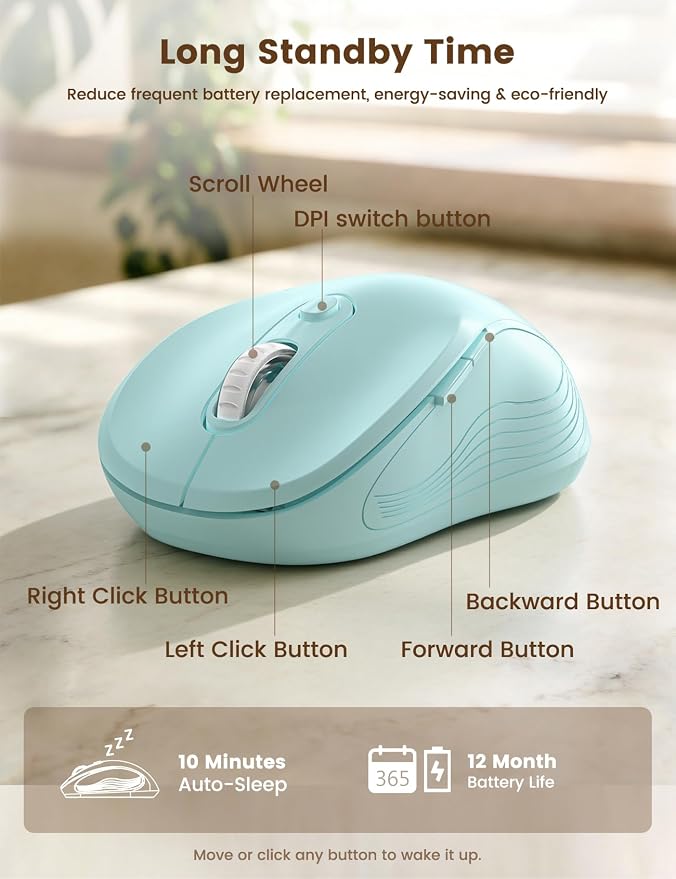 WisFox 2.4G Wireless Mouse for Laptop, Ergonomic Computer Mouse with USB Receiver and Type-C Adapter, 3 Adjustable Levels DPI, 6 Button Cordless Wireless Mice (Baby Blue)