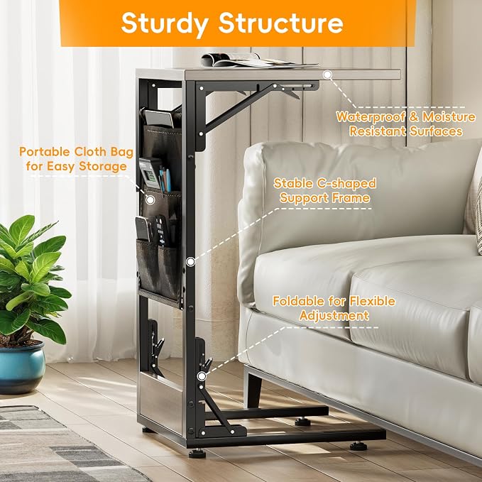Folding TV Tray Table, Small Folding Side Table with Storage Bag, Portable C Shaped End Table for Couch Sofa Bed, Oak Gray