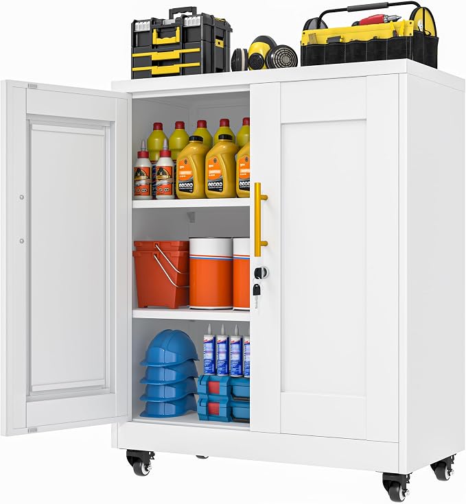 36" Metal Garage Storage Cabinet with Lock and Wheels,Rolling Steel Locker Organizer,Office File Cabinet with 2 Doors and 2 Adjustable Shelves,Tool Cabinets for Home Office,Gym,School (White)