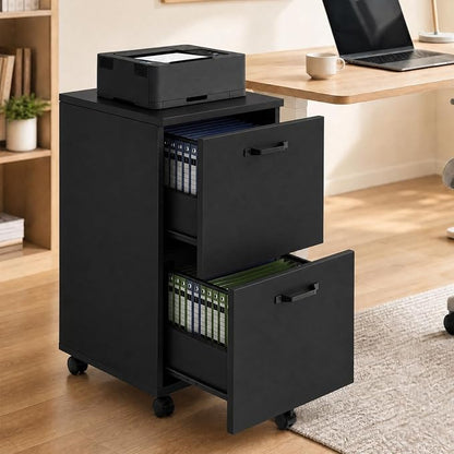 Sweetcrispy 2-Drawer Rolling File Cabinet, Wood Under Desk Storage with Lockable Wheels, Mobile Printer Stand & Home Office Organizer for Documents and Office Supplies, Black
