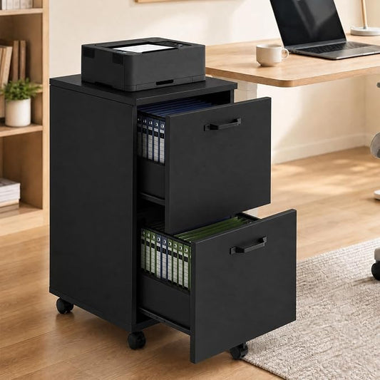 Sweetcrispy 2-Drawer Rolling File Cabinet, Wood Under Desk Storage with Lockable Wheels, Mobile Printer Stand & Home Office Organizer for Documents and Office Supplies, Black