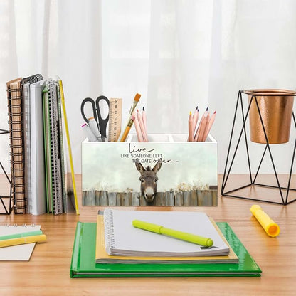 Donkey Gifts Pen Holder for Desk, Rustic Donkey Decor Pencil Organizer, Live Like Someone Left The Gate Open Farm Animal Wooden Pen Holder Desk Accessories Decor for Home Office