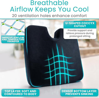 Vive Tailbone Cushion, Memory Foam Seat for Pain Relief, Sciatica, Coccyx & Back Support for Office Chair, Car, Wheelchair & Airplane, Water-Resistant Cover, 2-Layer Foam Comfort, Wheelchair (Black)