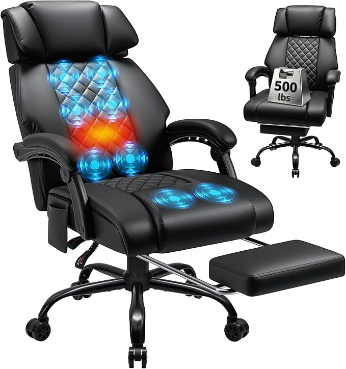 HOFFREE 8-Point Vibration & Heat Massage Office Chair with Footrest,Black | Massage Desk Chair for Heavy People 500lbs Big and Tall Office Chair with Adjustable Headrest and Linkage Armrests,Leather