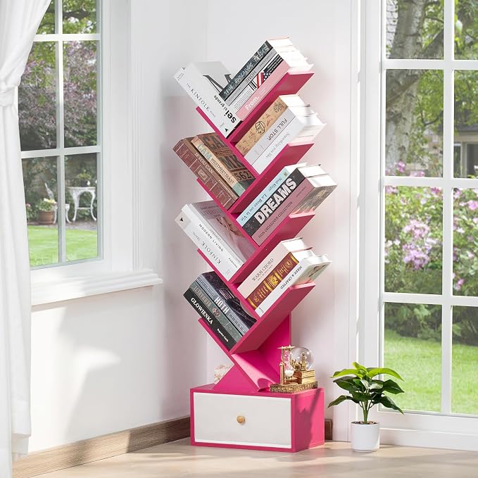 SHEEPAM 8 Tier Tree Bookshelf with Drawer, Free Standing Wood Bookcase for Narrow Space, Storage Organizer Bookshelves for Books, Book Case for Home Office, Living Room, Bedroom - Pink