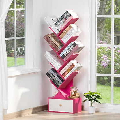 SHEEPAM 8 Tier Tree Bookshelf with Drawer, Free Standing Wood Bookcase for Narrow Space, Storage Organizer Bookshelves for Books, Book Case for Home Office, Living Room, Bedroom - Pink