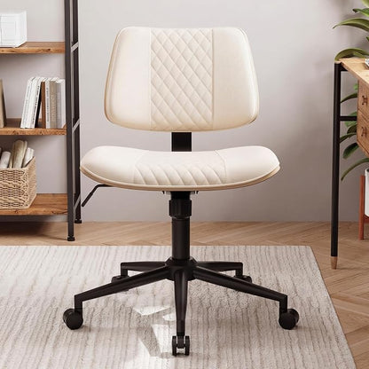 Modern Armless Office Chair with Wheels, Adjustable Swivel Desk Chair with Wide Seat and Tilt Function, Faux Leather Mid Century Task Chair for Home Office, Bedroom, Vanity, Beige