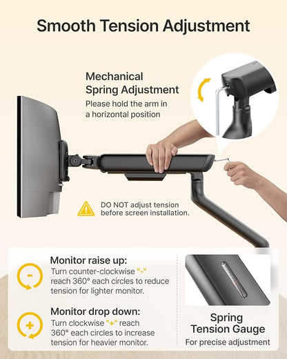 monTEK Single Monitor Arm, Mechanical Spring Monitor Arm for 17-40" Ultrawide Screens, Adjustable Monitor Desk Mount Holds up to 26.4 lbs with C Clamp/Grommet Desk Mount, VESA 75/100mm