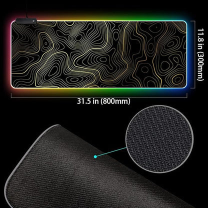 RGB Mouse Pad LED Desk Mat Large Gaming Mousepad Black and Gold Line Design, Keyboard Pad XL Mouse Mat for Home and Office (Black with Gold Topographic Line)