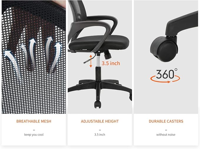 Home Office Chair Ergonomic Desk Chair Mid-Back Mesh Computer Chair Lumbar Support Comfortable Executive Adjustable Rolling Swivel Task Chair with Armrests(Black)
