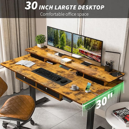 Kingant 48 x 30 Inch Electric Standing Desk with 4 Drawers, Adjustable Height Computer Desk for Home Office, Large Workstation Sit Stand Up Desk with Built-in USB A/C Charging Ports, Rustic Brown