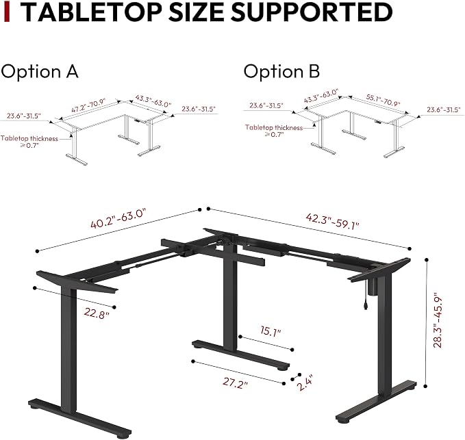 SANODESK Electric Height Adjustable 3-Leg L Shaped Standing Desk Frame, Support up to 220lbs, Sit Stand Ergonomic L Desk Frame Only, Black
