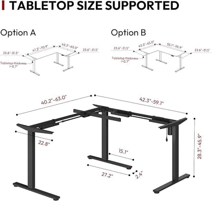 SANODESK Electric Height Adjustable 3-Leg L Shaped Standing Desk Frame, Support up to 220lbs, Sit Stand Ergonomic L Desk Frame Only, Black