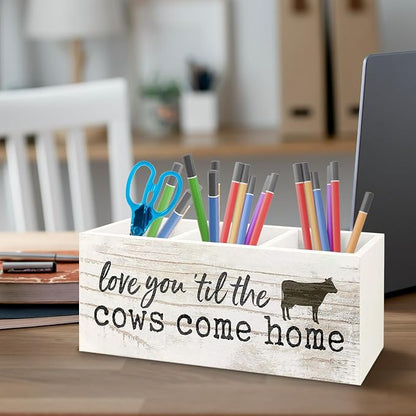 Funny Cow Wooden Pen Pencil Holder for Office Desk Accessories, Cow Lover Gifts, Love You 'Til the Cows Come Home Makeup Brush Toothbrush Holder Organizer for Bathroom