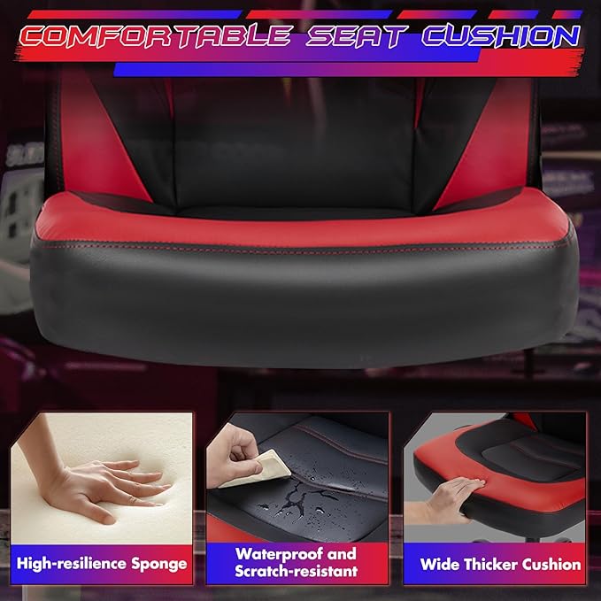 Sweetcrispy Computer Gaming Chair: PU Leather Ergonomic Lumbar Support with Flip-up Armrest and 360° Swivel Wheels, Height Adjustable Task Home Office Desk Video Racing, Red