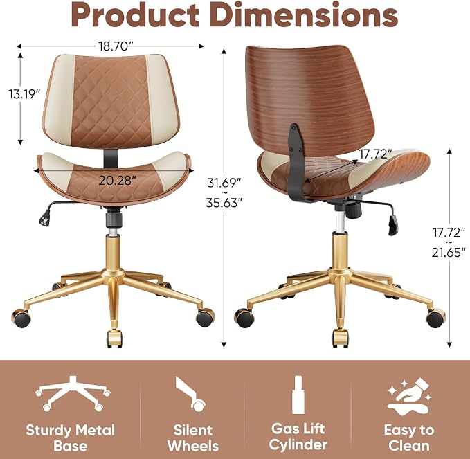 Home Office Desk Chair with Swivel Wheels, Modern PU Leather Armless Office Chair, Small Mid Back Computer Chair for Home Office, Reading Meeting Room (Brown and Beige, Gold Wheels)