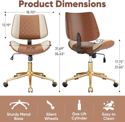 Home Office Desk Chair with Swivel Wheels, Modern PU Leather Armless Office Chair, Small Mid Back Computer Chair for Home Office, Reading Meeting Room (Brown and Beige, Gold Wheels)