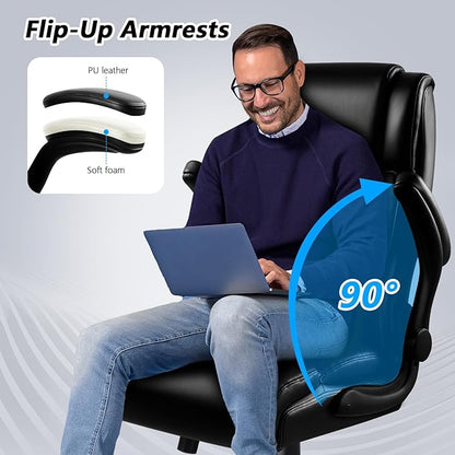 Office Chair, Big and Tall 400LBS Heavy Duty Executive Office Desk Chair with Flip-up Armrest, Ergonomic Swivel High Back Office Chairs with Lumbar Support, PU Leather (Black)