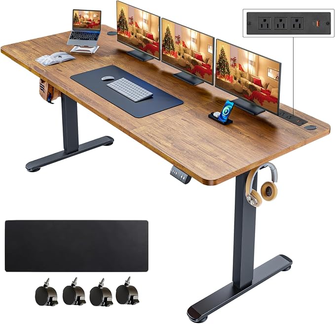 Electric Standing Desk with Power Outlets and USB-C Port, 70 x 27 Inches Adjustable Height Sit Stand Up Desk for Home Office, Adjustable Desk with Memory Preset and Wheels, Brown