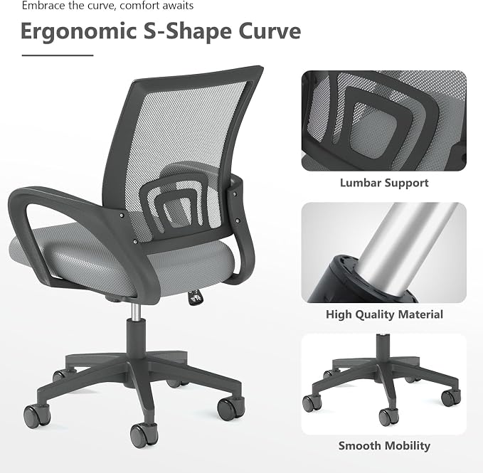 OS MOTOR Home Office Chair, Ergonomic Mid-Back Mesh Desk Chair with Lumbar Support, Adjustable Swivel Rolling Design, Comfy Armrest for Work, Study, Gaming, Vanity (Light Gray, Single Chair)