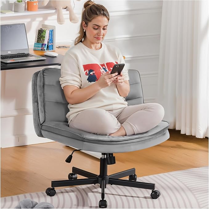 COMHOMA Cross Legged Office Chair with Wheels Armless-Office Desk Chair, Modern Vanity Computer Task Chairs for Home Bedroom, Comfortable Wide Seat for Lower Back Pain Relief, Soft Velvet, Gray