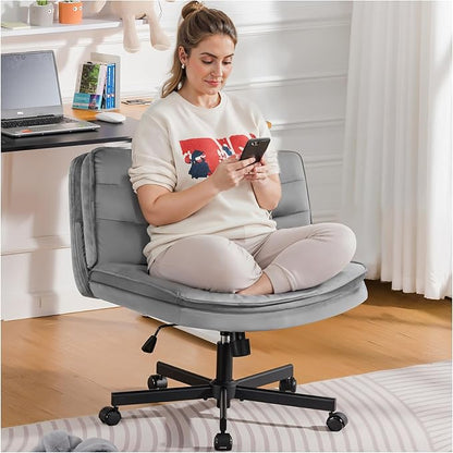 COMHOMA Cross Legged Office Chair with Wheels Armless-Office Desk Chair, Modern Vanity Computer Task Chairs for Home Bedroom, Comfortable Wide Seat for Lower Back Pain Relief, Soft Velvet, Gray