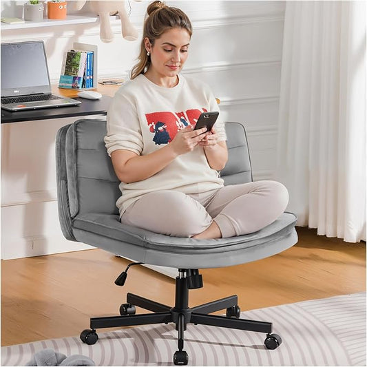 COMHOMA Cross Legged Office Chair with Wheels Armless-Office Desk Chair, Modern Vanity Computer Task Chairs for Home Bedroom, Comfortable Wide Seat for Lower Back Pain Relief, Soft Velvet, Gray