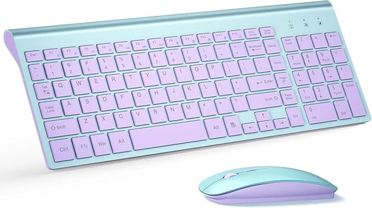 Wireless Keyboard and Mouse Ultra Slim Combo, TopMate 2.4G Silent Compact USB 2400DPI Mouse and Scissor Switch Keyboard Set with Cover, Batteries Included, for PC/Laptop/Windows/Mac - Blue Purple