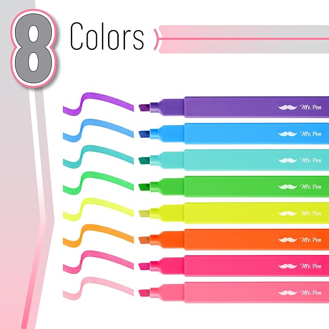 Mr. Pen- Aesthetic Highlighters No Bleed, 8 Pack, Vibrant Colors | Chisel Tip, Cute Highlighters Assorted Colors for Journaling, Highlighting, Underlining, Fast Dry, Back to School Supplies