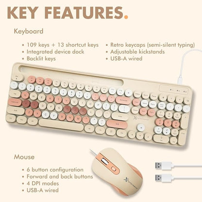 X9 Wired Keyboard and Mouse Combo with Phone/Tablet Holder - Full-Sized 109 Keys Pastel Keyboard and Adjustable DPI, Backlit Keyboard and Mouse for PC, Windows, MAC, Desktop, Laptop - Brown