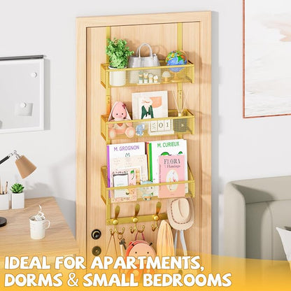 Kaiferty Over The Door Hooks Organizer, Coat Rack Over The Door Storage Hanger Towel Rack, Back of Door Storage Organizer for Bathroom,Bedroom,Kitchen,Office (Gold, 4-Tier)