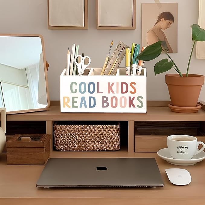 Book Lovers Gifts Pen Holder, Book Reader Gifts Pencil Holder for Desk, Boho Cool Kids Read Books Wooden Box Sign Decorations for Reading Room Corner Nook Classroom Desk Tabletop