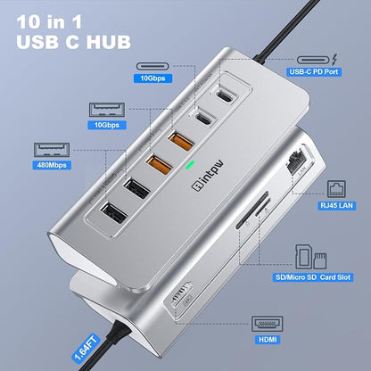 intpw 10-in-1 USB C Hub with Ethernet, 4K@60Hz HDMI, 10Gbps USB-C/USB-A, PD 100W, SD/TF, P9R PRO Docking Station for MacBook Pro/Air M1-M5, iPhone 17/16/15, iPad Pro, Windows
